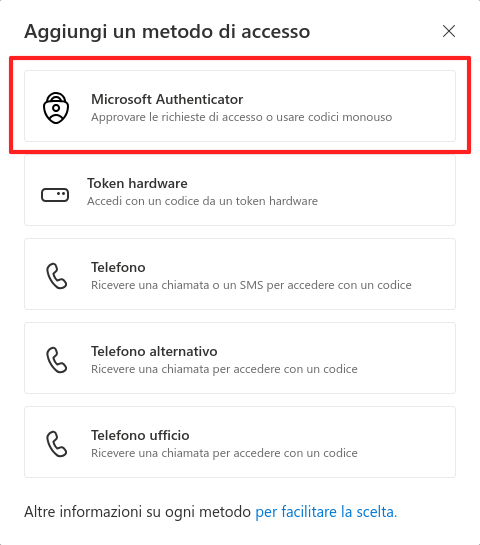 Selezionare Microsoft Authenticator